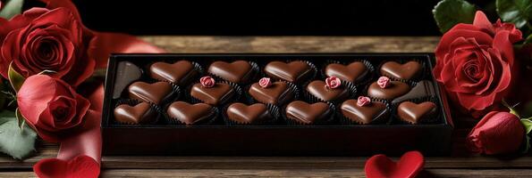 Delicious heart shaped chocolates arranged elegantly with roses on rustic wooden background photo