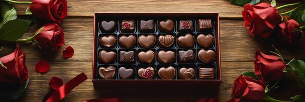 Delicious heart shaped chocolates arranged elegantly with roses on rustic wooden background photo