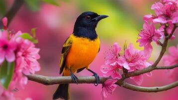 A small bird perched on a blooming cherry blossom branch during springtime photo