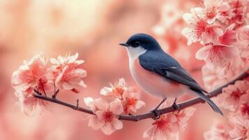 A small bird perched on a blooming cherry blossom branch during springtime photo