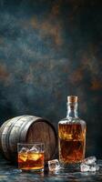 A glass and bottle of whiskey next to a wooden barrel on a dark textured background photo