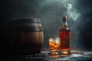 A glass of whiskey with ice beside an ornate barrel in a cozy setting photo