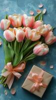 A bouquet of pink tulips arranged in a gift box with scattered petals on a blue background photo