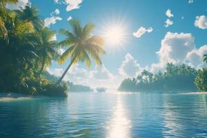 Tranquil tropical lagoon with sun reflecting on water near lush mountains in the afternoon photo