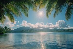 Tranquil tropical lagoon with sun reflecting on water near lush mountains in the afternoon photo