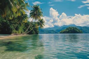 Tranquil tropical lagoon with sun reflecting on water near lush mountains in the afternoon photo