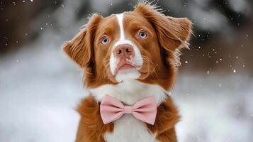 A brown dog with blue eyes wears a pink bow tie against a snowy backdrop during winter photo