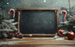 A festive chalkboard surrounded by Christmas decorations in a snowy setting photo
