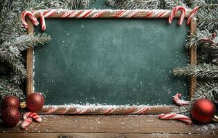A festive chalkboard surrounded by Christmas decorations in a snowy setting photo