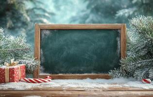 A festive chalkboard surrounded by Christmas decorations in a snowy setting photo