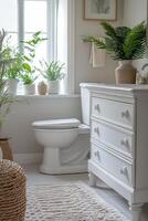 Elegant bathroom with modern decor and natural elements in a bright, inviting space photo