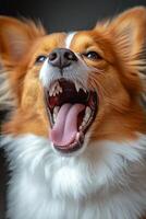 A happy dog with an open mouth shows excitement and joy in a vibrant indoor setting photo