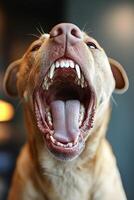A happy dog with an open mouth shows excitement and joy in a vibrant indoor setting photo