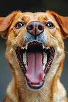 A happy dog with an open mouth shows excitement and joy in a vibrant indoor setting photo