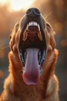 A happy dog with an open mouth shows excitement and joy in a vibrant indoor setting photo