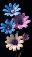 Beautiful blooming flowers in various colors against a dark background during twilight photo