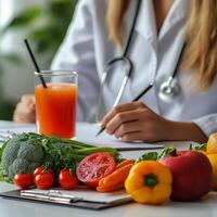Health professional evaluating fresh vegetables and fruit for dietary advice at a clinic photo