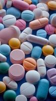 Colorful assortment of pills and capsules scattered on a turquoise surface during daylight photo