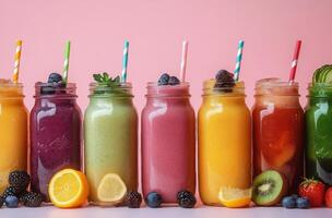 Colorful healthy smoothies displayed in jars with fruits and straws on a pink background photo