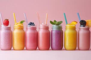 Colorful healthy smoothies displayed in jars with fruits and straws on a pink background photo