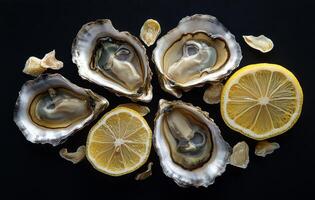 Fresh oysters with lemon slices arranged artistically on a dark background for culinary presentation photo