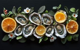 Fresh oysters with lemon slices arranged artistically on a dark background for culinary presentation photo