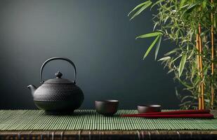 Traditional tea set displayed on a bamboo mat with green backdrop and decorative plants photo
