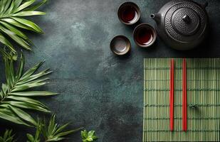 Traditional tea set displayed on a bamboo mat with green backdrop and decorative plants photo