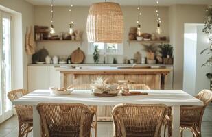 Elegant holiday dining setup in a cozy kitchen adorned with festive decorations photo