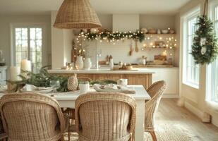 Elegant holiday dining setup in a cozy kitchen adorned with festive decorations photo