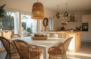 Elegant holiday dining setup in a cozy kitchen adorned with festive decorations photo