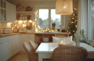 Elegant holiday dining setup in a cozy kitchen adorned with festive decorations photo