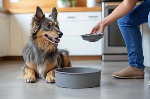 Golden Retriever resting beside an empty bowl with a person preparing to feed it in a kitchen photo