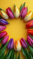 Colorful tulips arranged in a circular pattern on bright yellow background during spring season photo