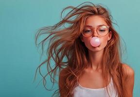 A young woman with long hair styled in waves enjoys blowing a bubble with pink gum photo