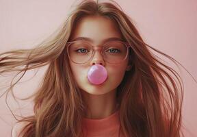 A young woman with long hair styled in waves enjoys blowing a bubble with pink gum photo