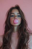 Young woman blowing pink bubble gum against a vibrant pink background during daytime photo