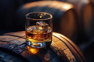 A glass of whiskey with ice resting on a wooden barrel during a warm evening photo