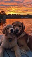 Two golden retrievers cuddling by a lake at sunset with vibrant colors reflecting on the water photo
