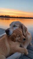 Two golden retrievers cuddling by a lake at sunset with vibrant colors reflecting on the water photo