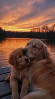 Two golden retrievers cuddling by a lake at sunset with vibrant colors reflecting on the water photo