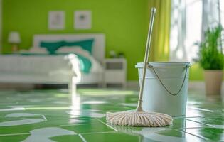 A bright green bedroom with sunlight casting shadows on freshly cleaned floors and a cleaning bucket photo
