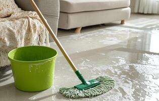 Cleaning a living room floor with a mop and bucket during the morning hours on a sunny day photo