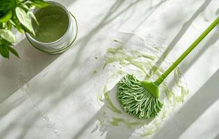Cleaning a living room floor with a mop and bucket during the morning hours on a sunny day photo
