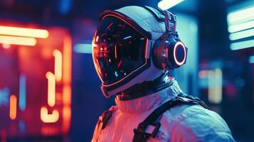 Astronaut in a futuristic environment with vibrant neon lighting and advanced headset technology photo