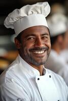 Chef smiling confidently in a professional kitchen wearing a white uniform and hat photo