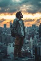 A person gazes at the sunset from a rooftop in a bustling city during twilight hours photo