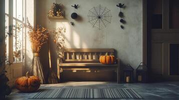Cozy autumn corner with pumpkins, spider decorations, and warm sunlight in a rustic home setting photo