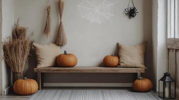 Cozy autumn corner with pumpkins, spider decorations, and warm sunlight in a rustic home setting photo