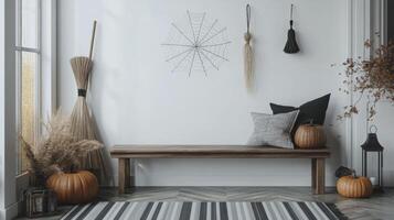 Cozy autumn corner with pumpkins, spider decorations, and warm sunlight in a rustic home setting photo